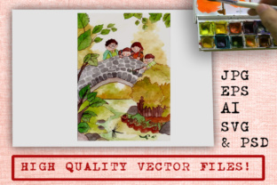Children Looking at a River Illustrations