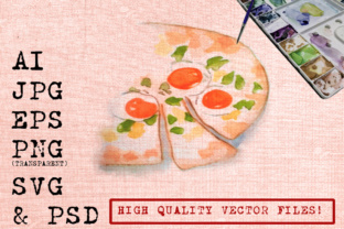 Pizza with Eggs Watercolors Illustrations