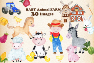 Set with 30 Baby Farm Animals Illustrations